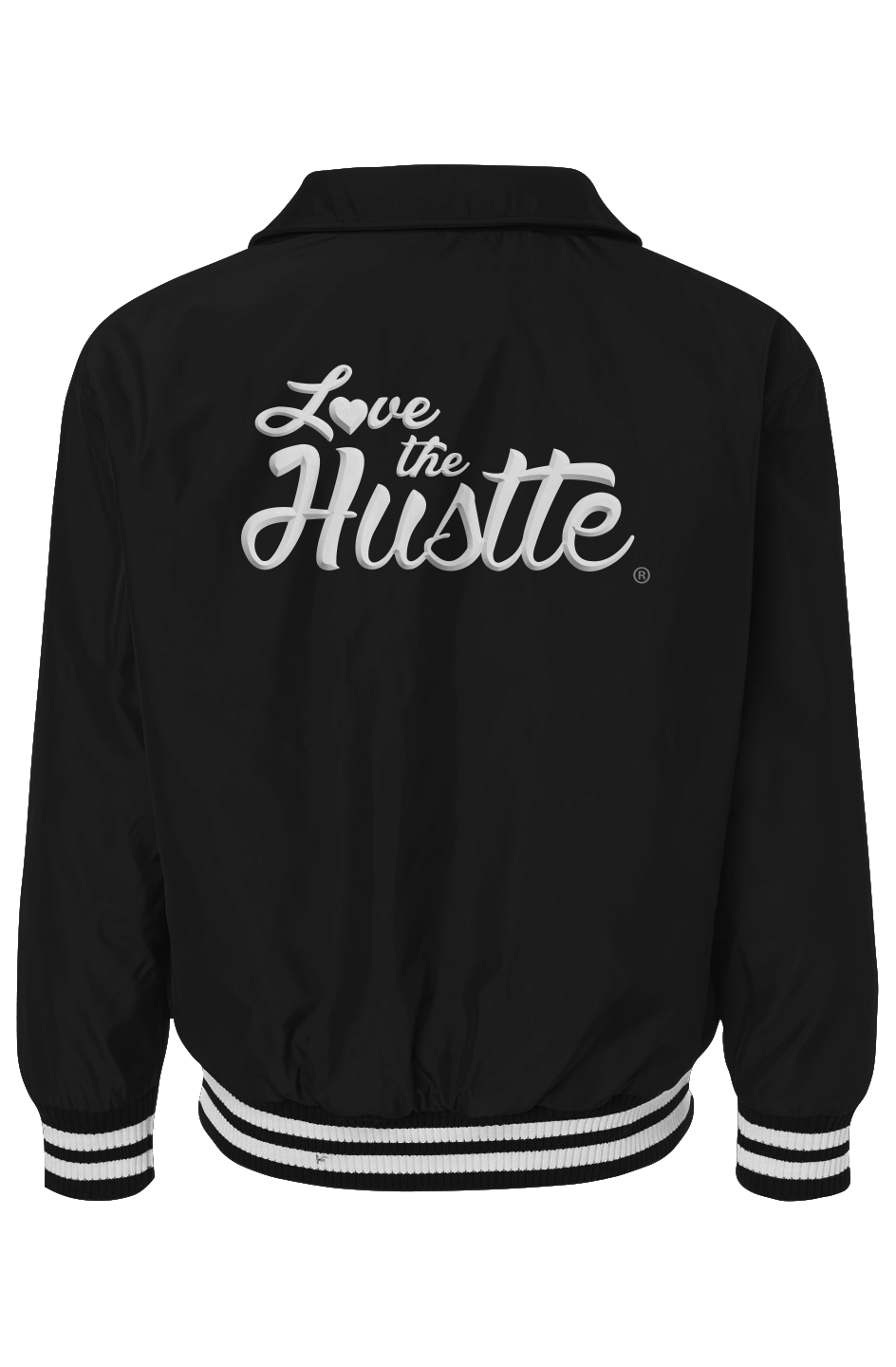 Love The Hustle White Embroidered Logo Uni Collared Varsity Jacket
