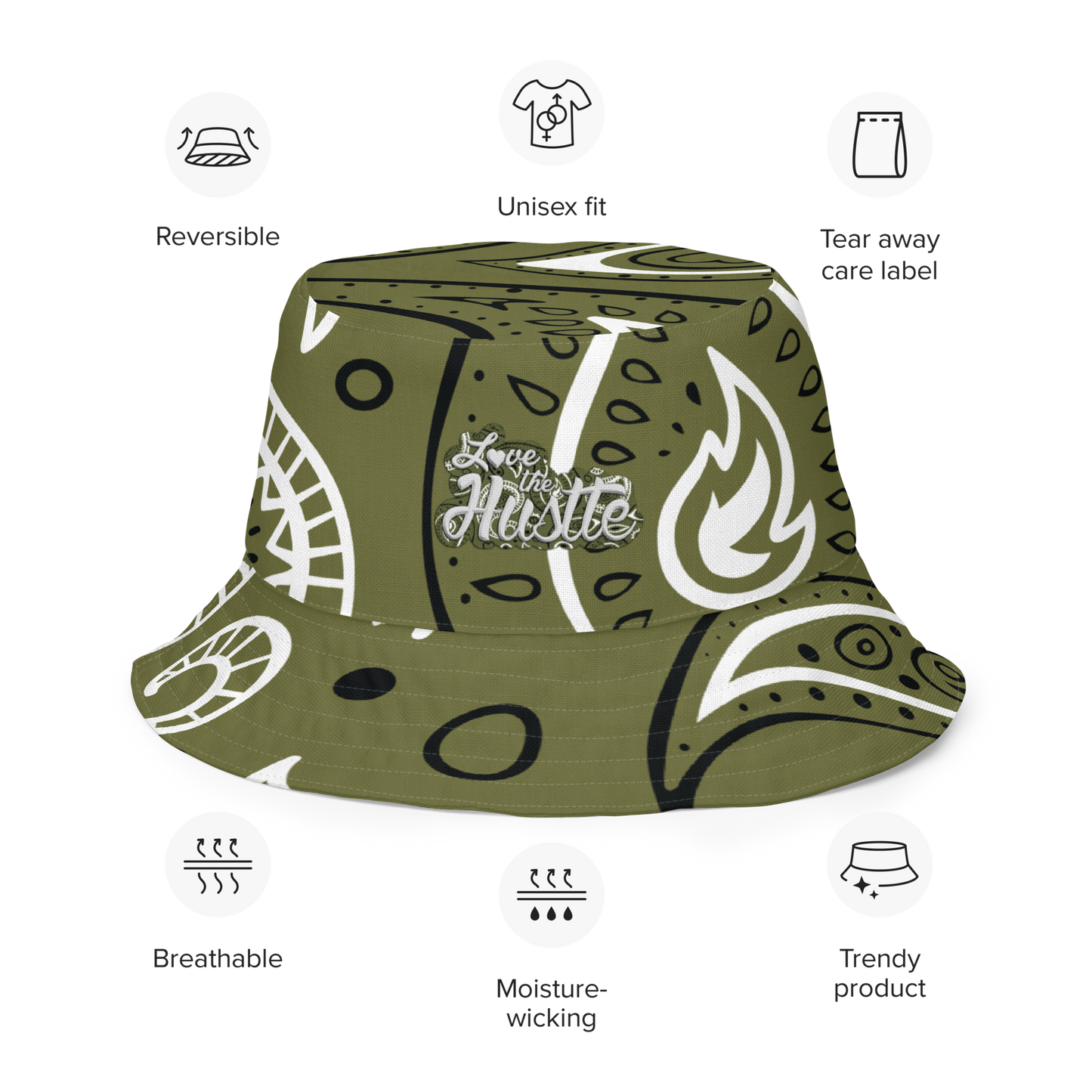 Sombrero de pescador reversible con diseño de bandana Love The Hustle™ y minimotivos