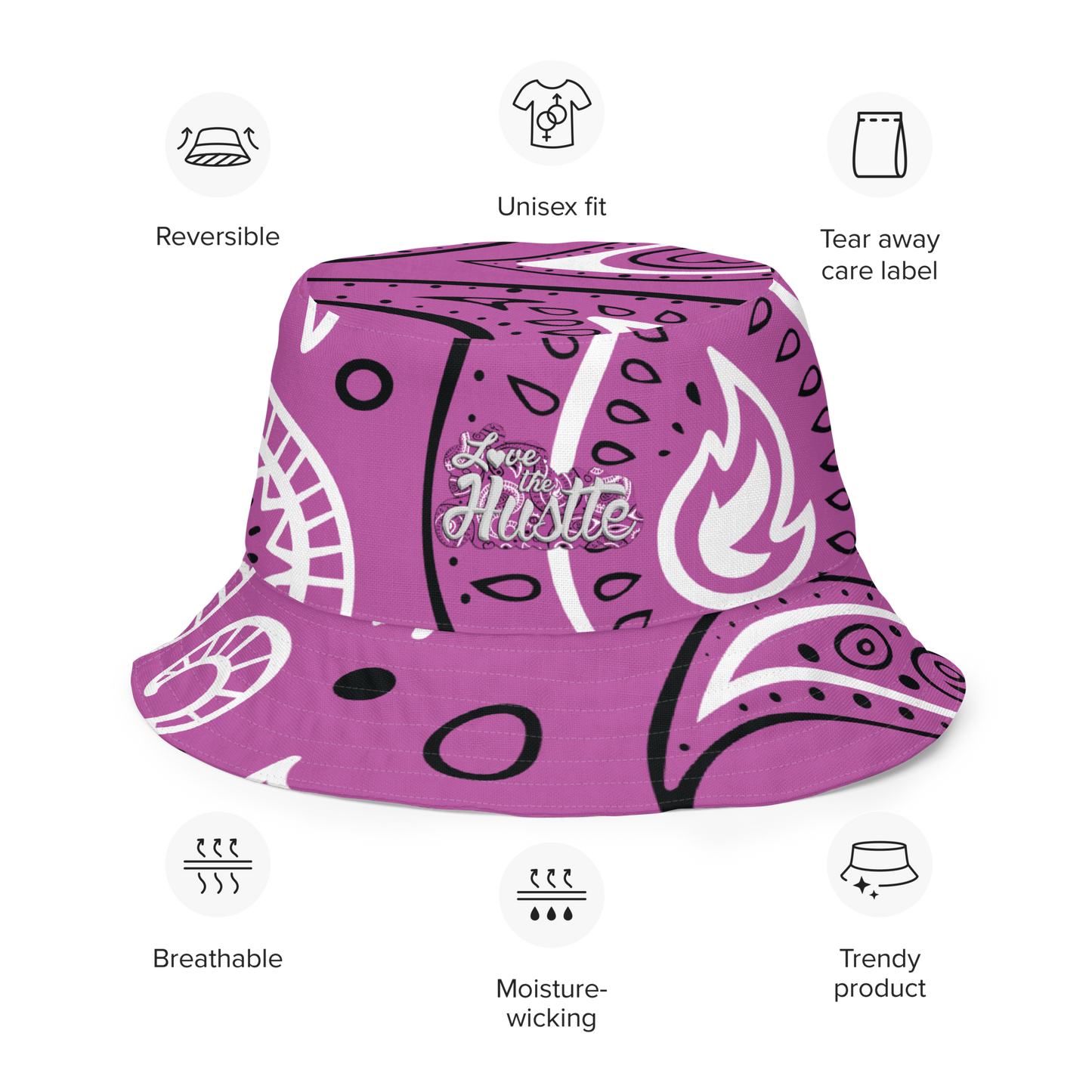 Sombrero de pescador reversible con diseño de bandana Love The Hustle™ y minimotivos