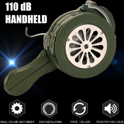 110dB Hand Crank Air Raid Emergency Alarm – Green Aluminum Alloy