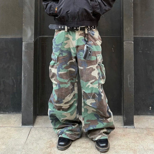 Vintage  Camo Cargo Pants Men Wide Leg Straight Trousers