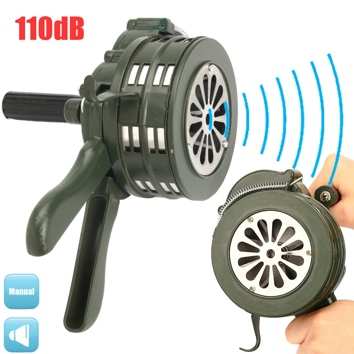 110dB Hand Crank Air Raid Emergency Alarm – Green Aluminum Alloy