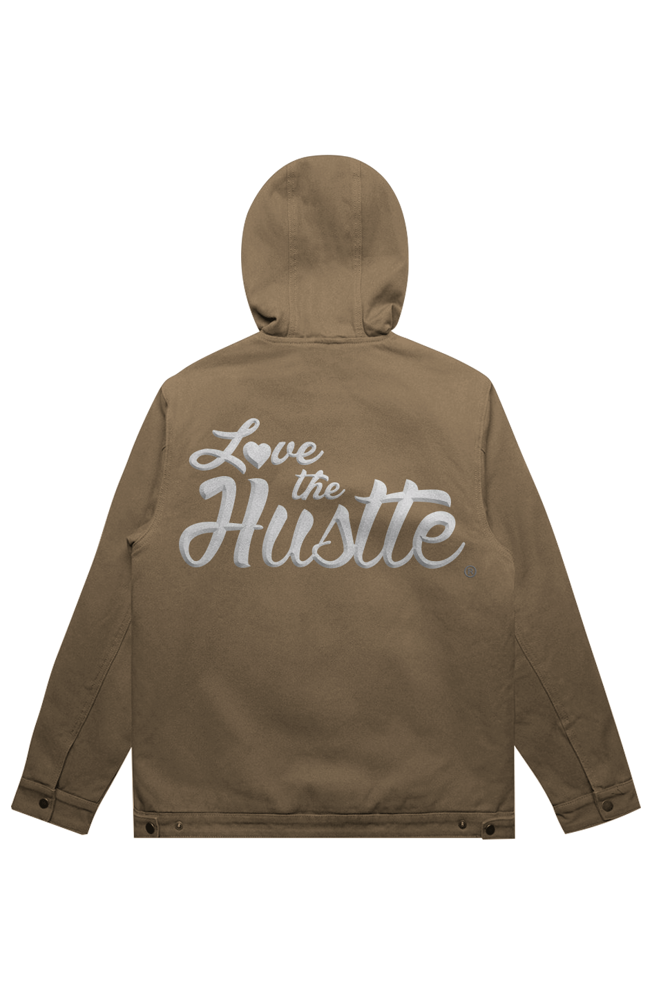 Love The Hustle White Embroidered Logo Canvas Hooded Jacket