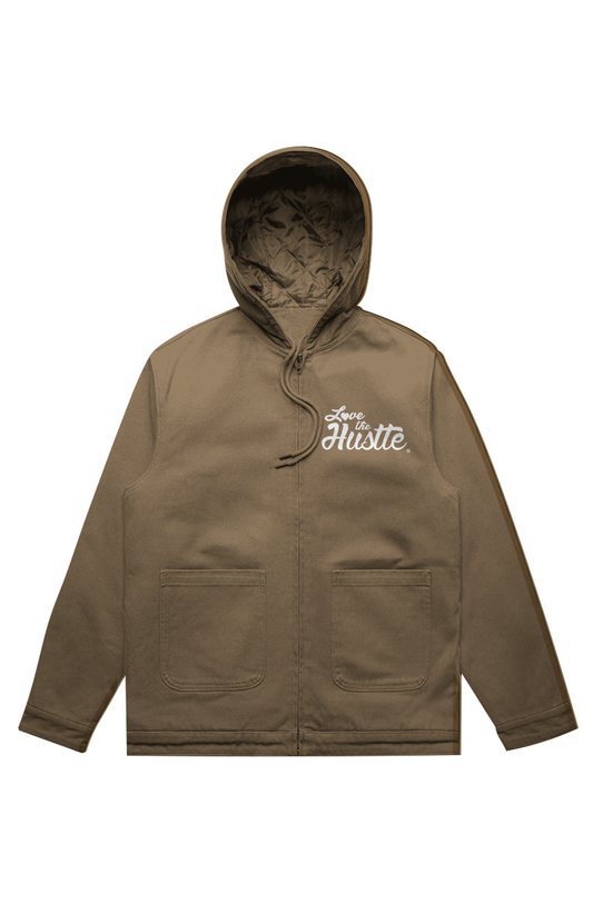 Love The Hustle White Embroidered Logo Canvas Hooded Jacket