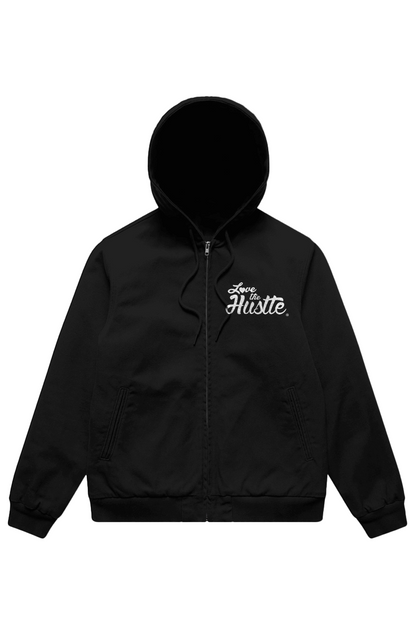 Love The Hustle White Embroidered Logo Canvas Bomber Hood Jacket