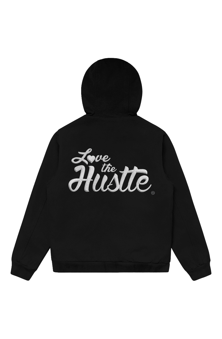 Love The Hustle White Embroidered Logo Canvas Bomber Hood Jacket