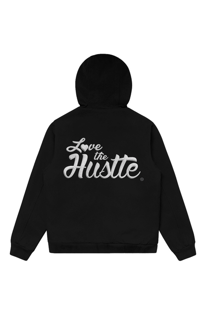 Love The Hustle White Embroidered Logo Canvas Bomber Hood Jacket