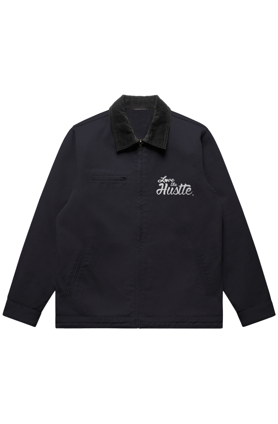 Love The Hustle White Embroidered Logo Canvas Cord Collar Jacket