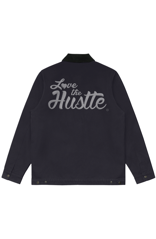 Love The Hustle White Embroidered Logo Canvas Cord Collar Jacket