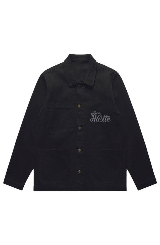 Love The Hustle White Embroidered Logo Canvas Chore Jacket