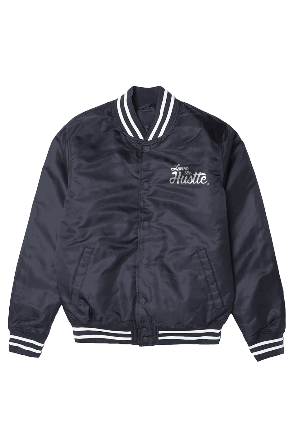 Love The Hustle White Embroidered Logo Men s Varsity Bomber Jacket
