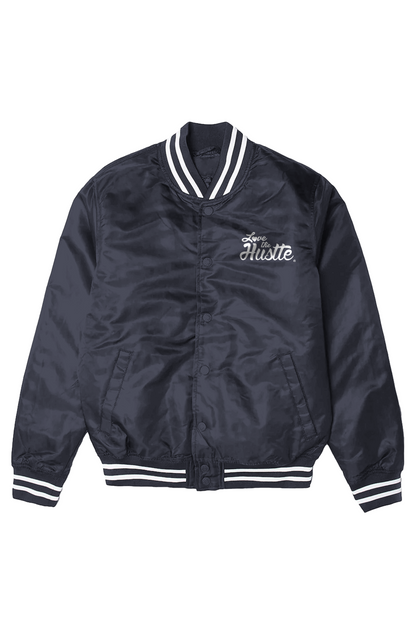 Love The Hustle White Embroidered Logo Men s Varsity Bomber Jacket