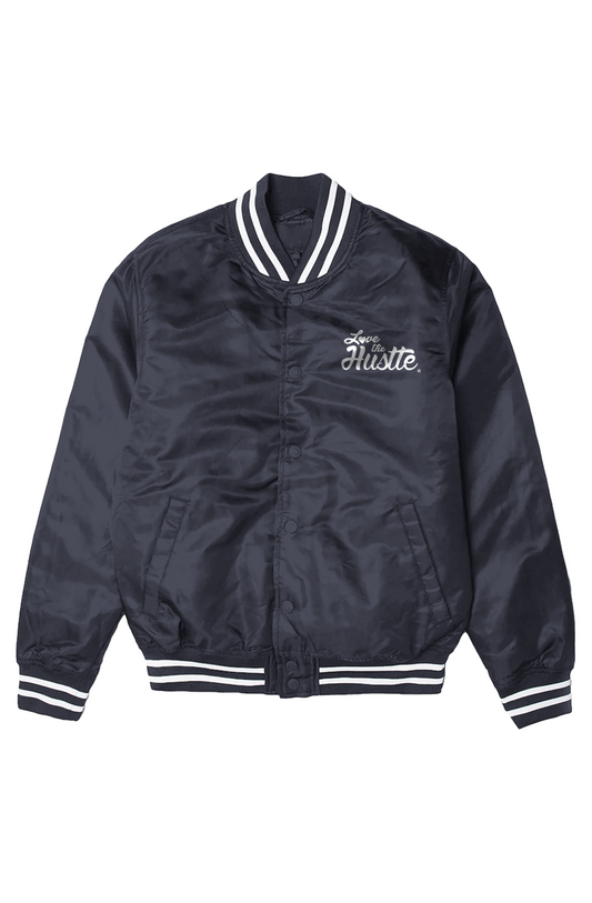 Love The Hustle White Embroidered Logo Men s Varsity Bomber Jacket
