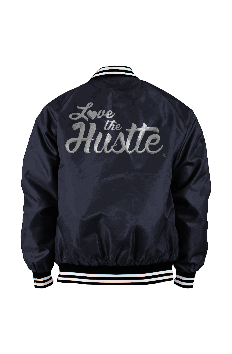 Love The Hustle White Embroidered Logo Men s Varsity Bomber Jacket