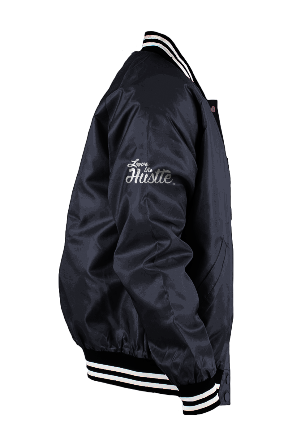 Love The Hustle White Embroidered Logo Men s Varsity Bomber Jacket