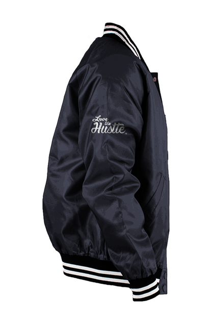 Love The Hustle White Embroidered Logo Men s Varsity Bomber Jacket