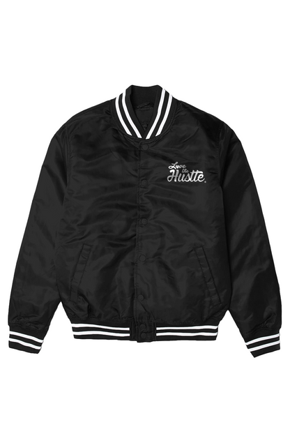 Love The Hustle White Embroidered Logo Men s Varsity Bomber Jacket