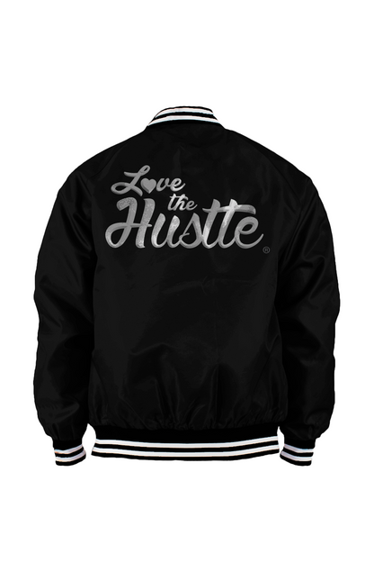 Love The Hustle White Embroidered Logo Men s Varsity Bomber Jacket