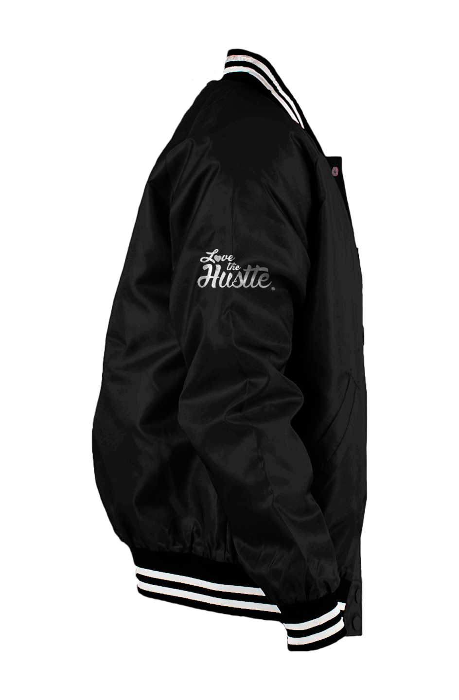Love The Hustle White Embroidered Logo Men s Varsity Bomber Jacket