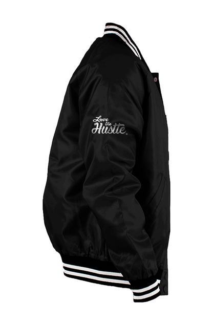 Love The Hustle White Embroidered Logo Men s Varsity Bomber Jacket