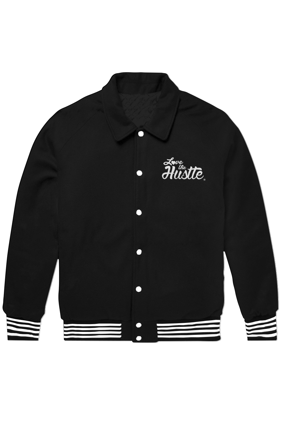 Love The Hustle White Embroidered Logo Uni Collared Varsity Jacket