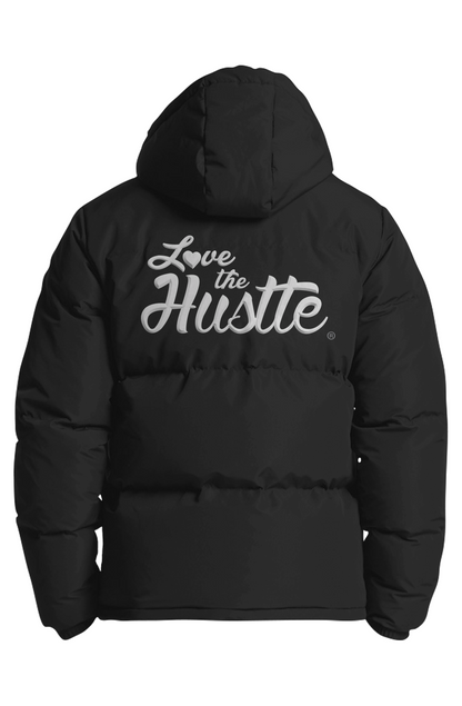 Love The Hustle White Embroidered Logo Hooded Puffer Jacket