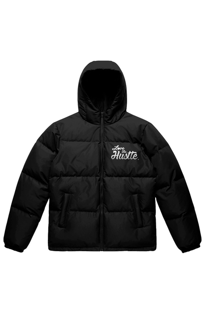 Love The Hustle White Embroidered Logo Hooded Puffer Jacket
