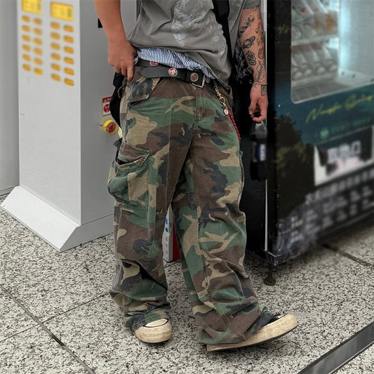 Vintage  Camo Cargo Pants Men Wide Leg Straight Trousers