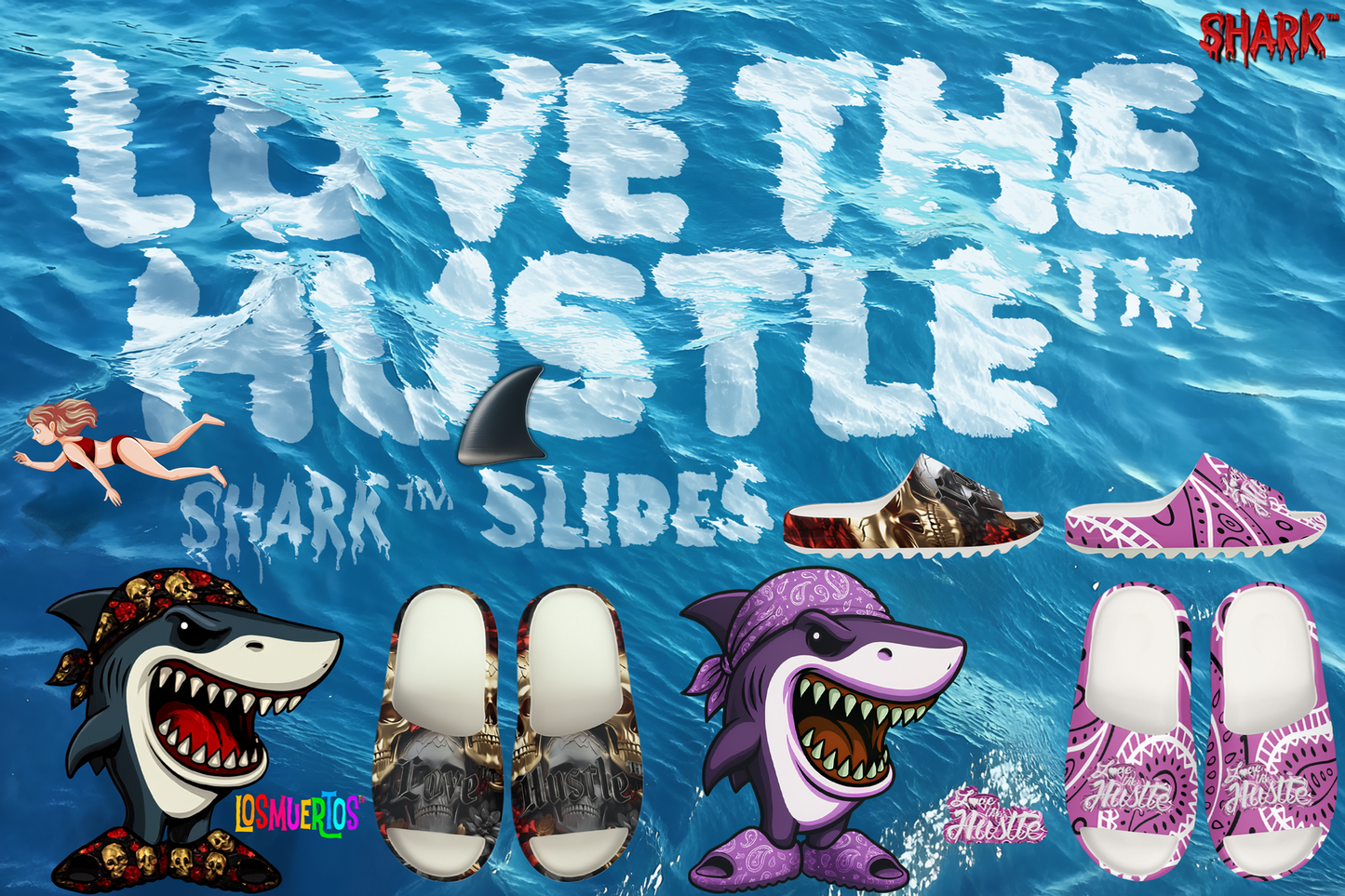 Love The Hustle™ Shark™ Slides - Bandana Edition - Hot Pink Tops