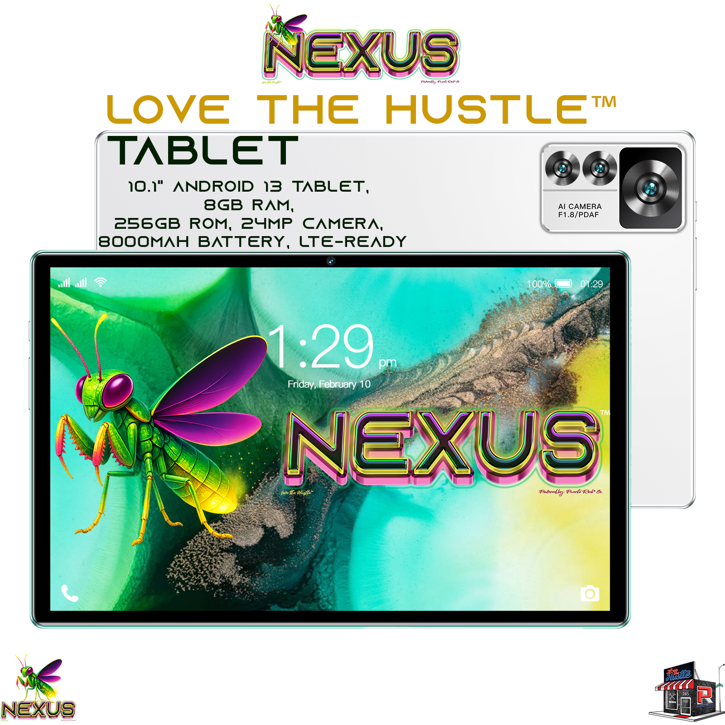 Nexus™ Quantum Firefly™ — 10.1" Android 13 Tablet, 8GB RAM, 256GB ROM, 24MP Camera, 8000mAh Battery, LTE-Ready