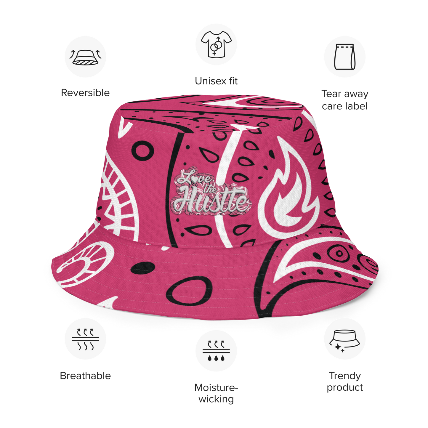 Sombrero de pescador reversible con diseño de bandana Love The Hustle™ y minimotivos