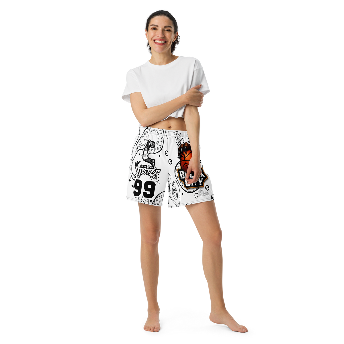 Love The Hustle® Bandana Uni Athletic Long Shorts White Squad