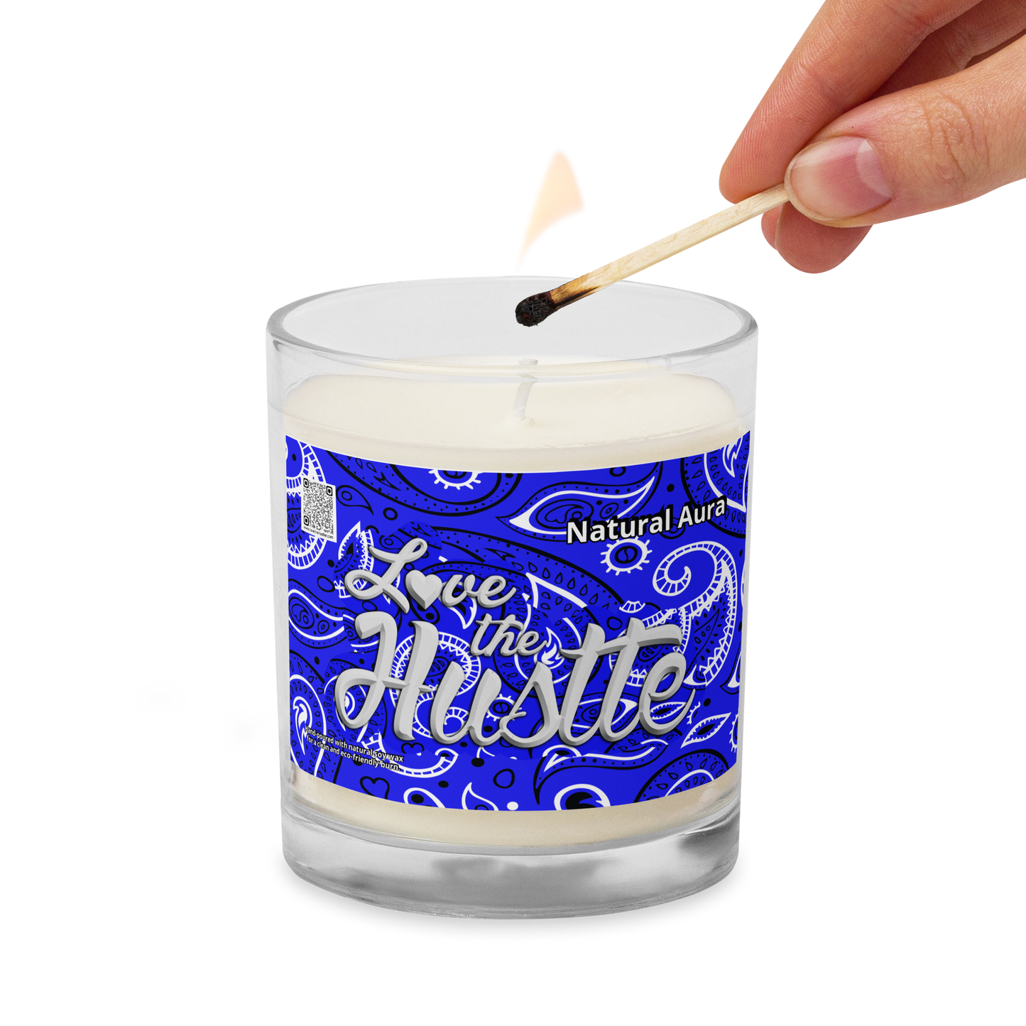 Love The Hustle™ Bandana Glass Jar Natural Aura Soy Wax Candle, Blue Tops