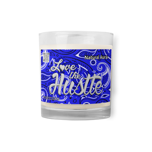 Bougie en cire de soja naturelle aura, bocal en verre bandana Love The Hustle™, dessus bleu