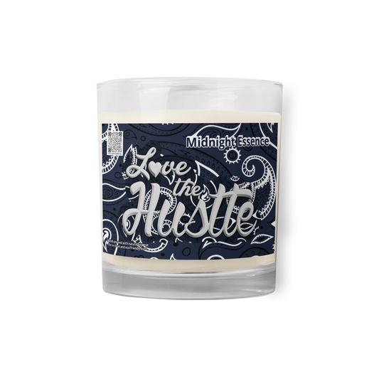 Bougie en cire de soja Midnight Essence, bocal en verre Bandana Love The Hustle™, bleu marine